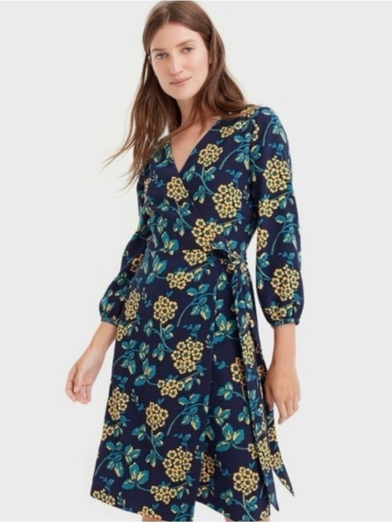 J. Crew // Navy, Yellow Floral Print Wrap Long Sleeves Dress Sz 00 A26